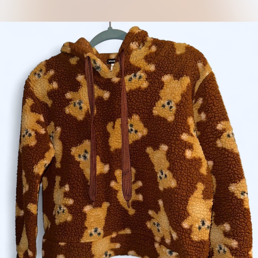 Brown Teddy Bear Patterned Hoodie, Weekending, Medium 🧸🍁🍂